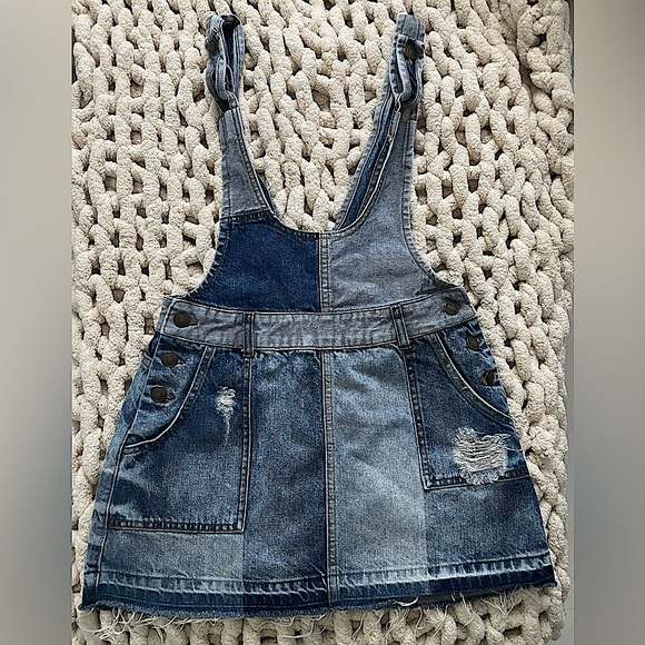 NWOT free people patchwork denim overall mini dress overalls distressed size 2 - Picture 3 of 8